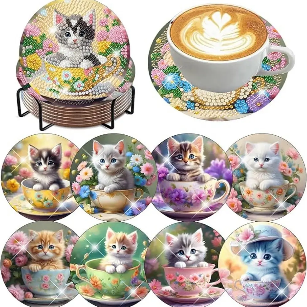 8 pieces/set of diamond art painting coasters with brackets, DIY animal cat pattern diamond art coasters, Coasters for drinks, suitable for both adults and beginners as diamond painting sets, diamond set craft supplies, exquisite gifts for friends