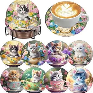 8 pieces/set of diamond art painting coasters with brackets, DIY animal cat pattern diamond art coasters, Coasters for drinks, suitable for both adults and beginners as diamond painting sets, diamond set craft supplies, exquisite gifts for friends