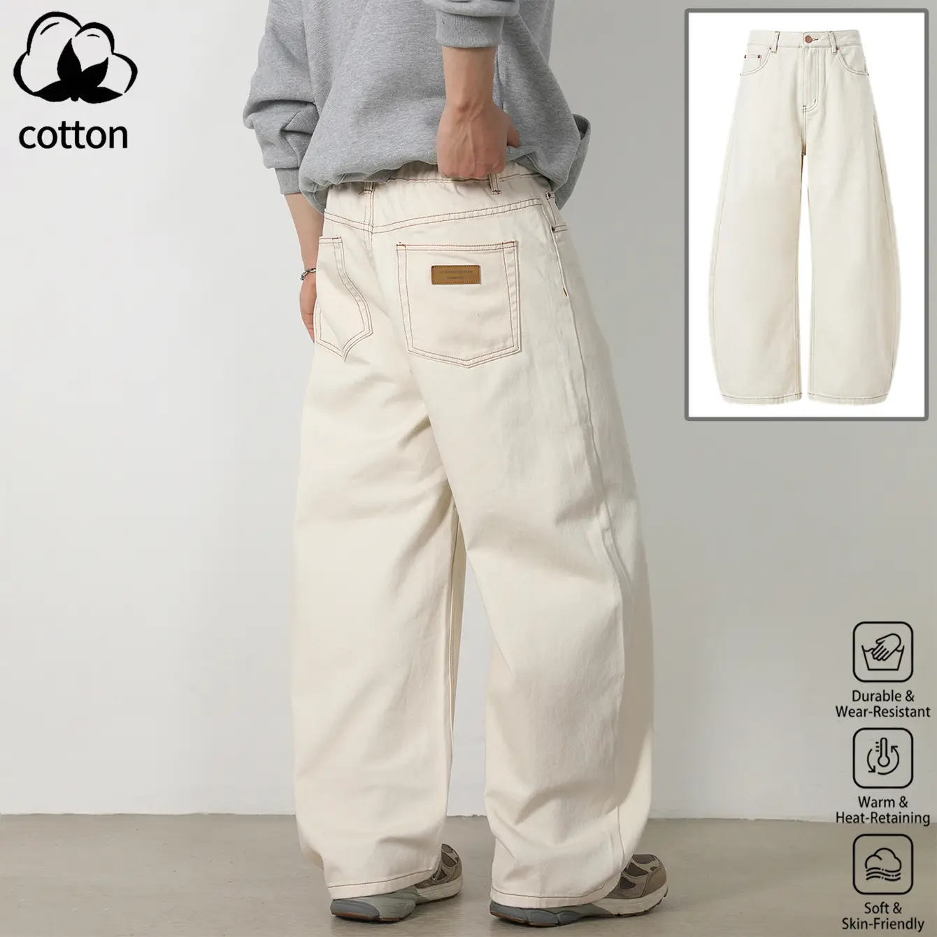 Men's Cotton Oversized Mid-Waist Curved Blade Baggy Wide Leg Pants - Menswear Stylish Clothes, Soft Carbon Brushed Twill Casual Trousers, Caramel Contrast Stitching, Back Pocket Leather Label, Loose Streetwear Bottoms