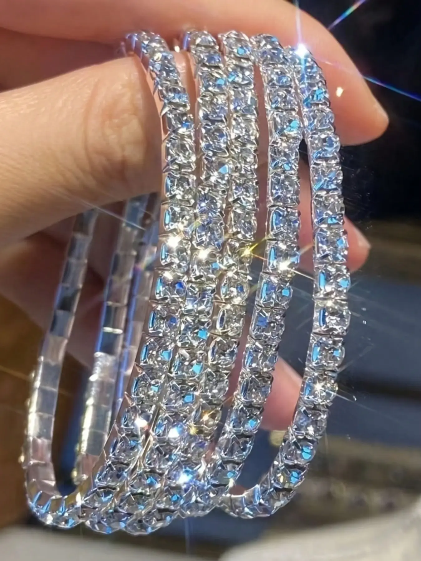 5 sparkling rhinestone elastic bracelets, party style blingbling adjustable elastic bracelet, Exquisite Bracelet, perfect for giving delicate bracelets as gifts to women, Trendy Jewelry, Jewelry Accessories, Stretch Multilayered Bangles