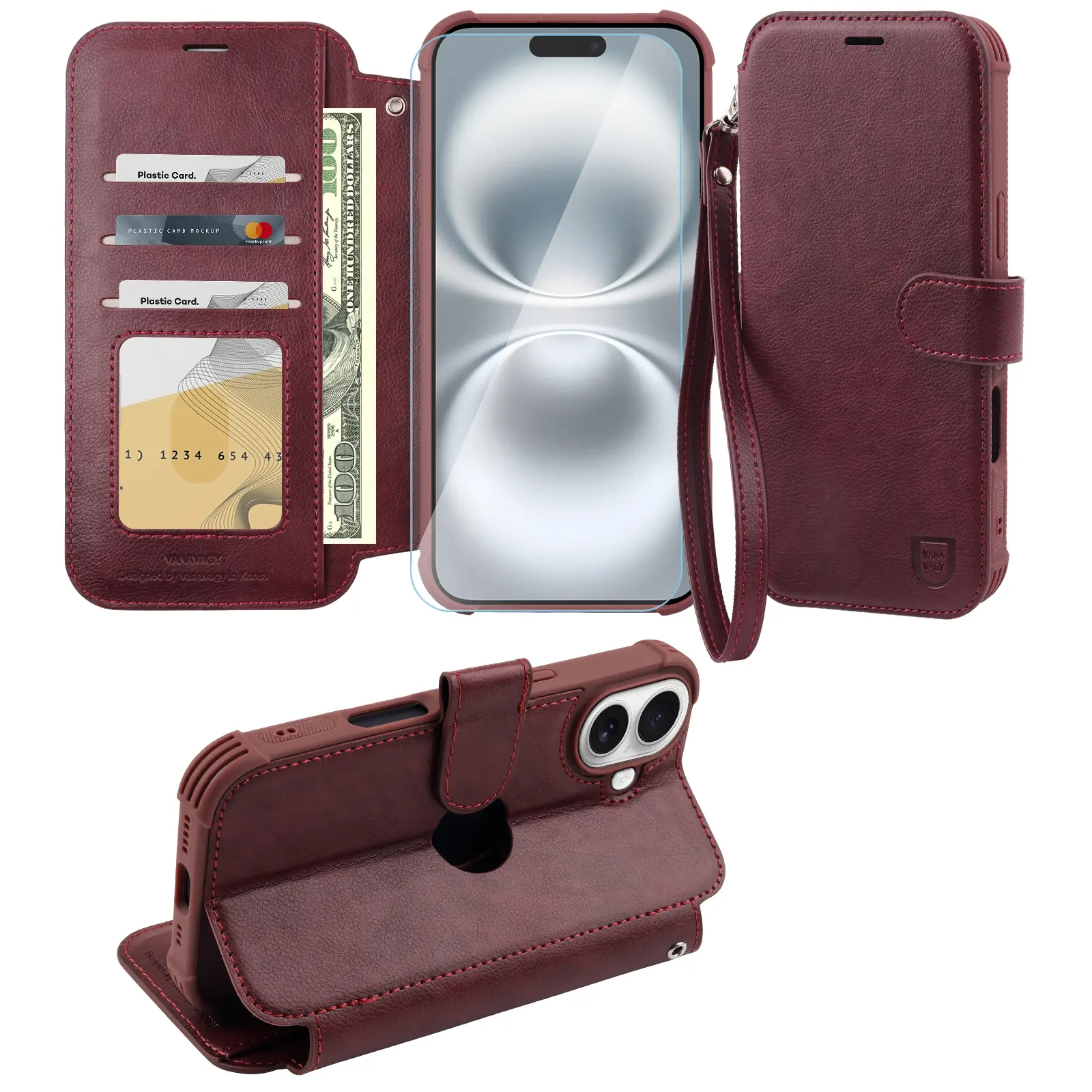 VANAVAGY Wallet Case for iPhone 17 / 16 / 16e/17e / Pro Max / Plus / Pro / Mini / Air for Women and Men,RFID Flip Leather Cover with Wrist Supports with Card Holder and Screen Protector