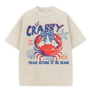 Wayii Fashion Women's Oversized Comfortable Breathable Acid Washed Short-Sleeve T-Shirt, "If Crabby Please Return to the Beach" Funny Crab Bow Coastal Graphic Top, Summer Vacation Casual Streetwear with Great Fit
