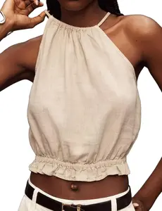 IDEALSANXUN Womens Crop Linen Halter Tops Summer High Neck Tank Tops Sleeveless Shirts tiktokshopspringglowup