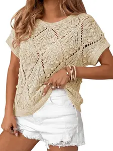 Women's Summer Knitted Bohemian Style Casual Short Sleeve Top, Lightweight Knitwear for Beach Vacation Cruise Resort Wear