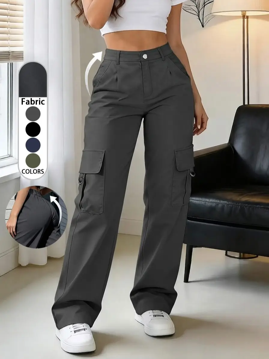 Women’s cargo pants with button front closure and pockets, basic casual street-style solid color everyday long pants, fashionable and versatile bottoms for all seasons Womenswear Tops