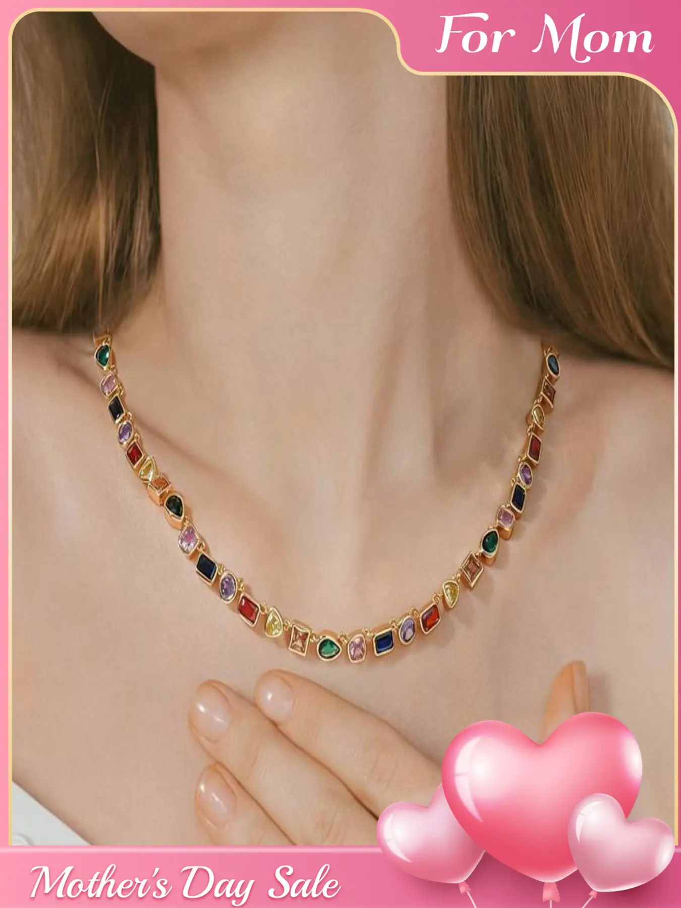 14K Gold-Plated Rainbow Design Tennis Necklace | Spring/Summer Dopamine-Inspired Colorful Zircon Necklace | Unisex Versatile Collar Necklace | Birthday Gift for Her