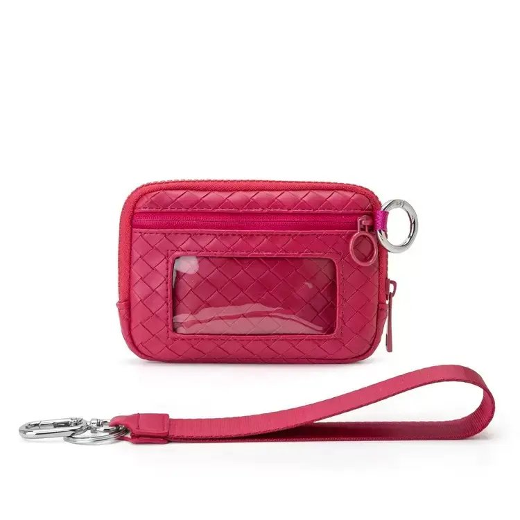 Woven Quilted Card Wallet with Clear ID Window, Zipper Coin Purse with Detachable Wrist Strap & Key Ring, Mini Credit Card Key Pouch for Women Daily Commute