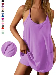Women's Athletic Sleeveless Mini Dress with Shorts, Summer V Neck Spaghetti Strap, Short Spring Tennis Dress with Pockets