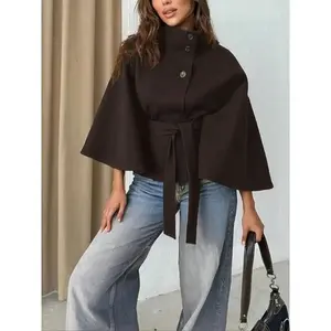 Women’s plain front buckle belted wool cape coat, casual fall and winter outerwear, stylish daily wear for dating, button closure