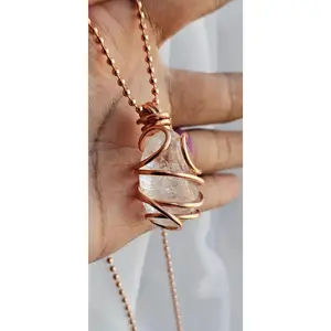 2.4mm Pure Copper Ball Chain Clear Quartz Crystal Pendant Necklaces 24 Inches, Thick 14 Gauge Copper Wire Wrapped Jewelry, - Amplification and clarity - Energy and focus - Healing and balance[Made-to-Order]