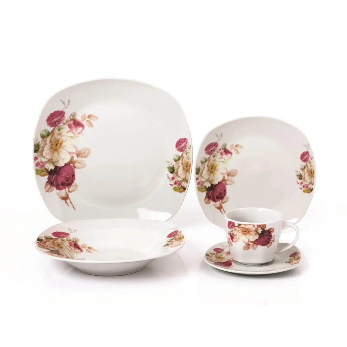 212 MAIN 20-Piece Stylish Porcelain Square Dinnerware Service Set - For 4, Includes Plates, Bowls, Coffee Cups, Saucer Set, Dishwasher-Safe Kitchen Tableware Kit, Porcelain Dinnerware Sets
