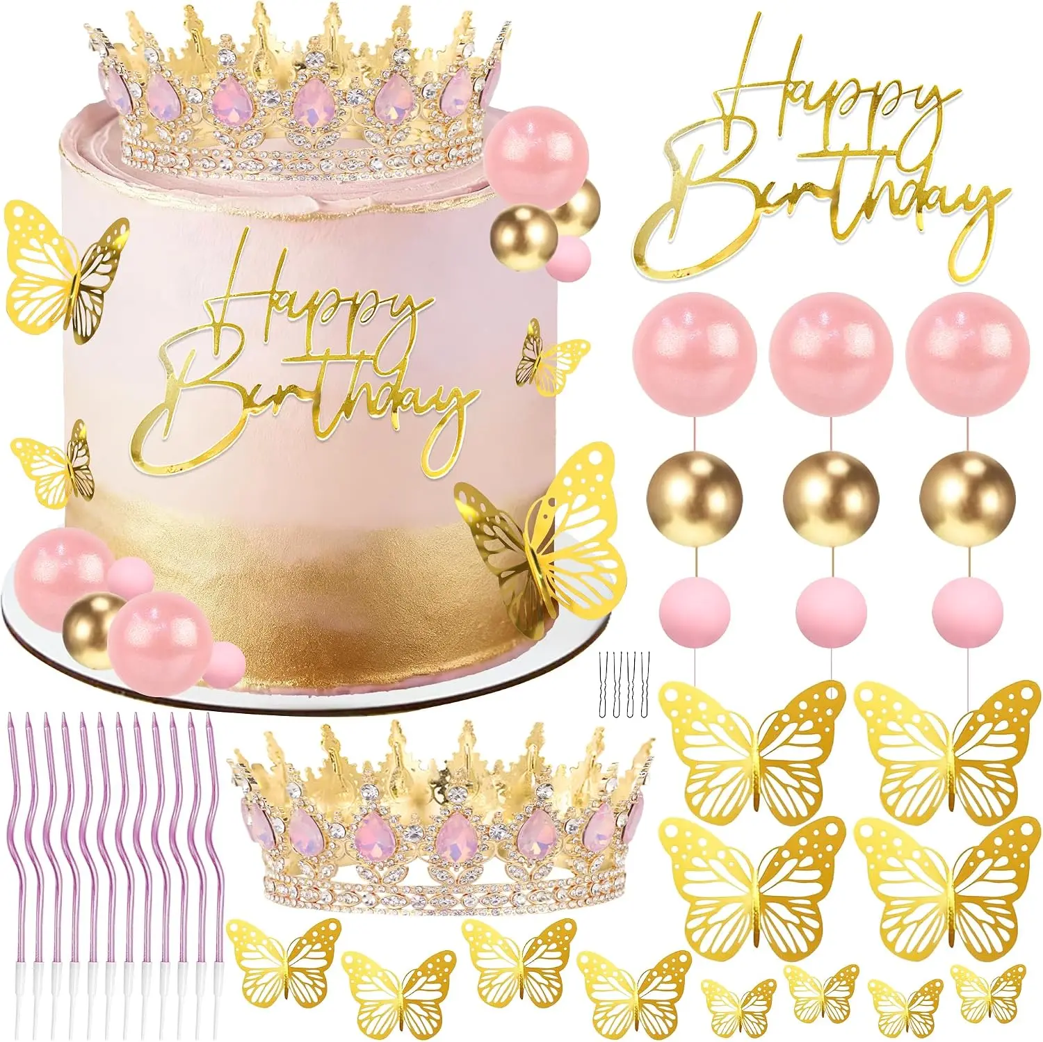 52Pcs Crown Cake Topper, Pink & Gold Crown Balls Happy Birthday Cake Toppers Birthday Candles Butterfly, Corona Para Pastel, Crown Cake Decorations for Women Queen Princess (Gold, Jelly Pink) - Home Improvement.