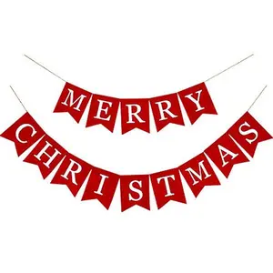 Merry Christmas Canvas Banners, Red Christmas Bunting Garland, Hanging Xmas Decorations for Fireplace Wall (13ft in Total)