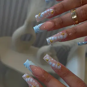 24pcs Medium Length Square Press-On Nails, Nail Extensions, Light Blue French Style, Leopard Print Design, Nail Art Design, Glossy Finish, Acrylic False Nails Set for Women and Girls