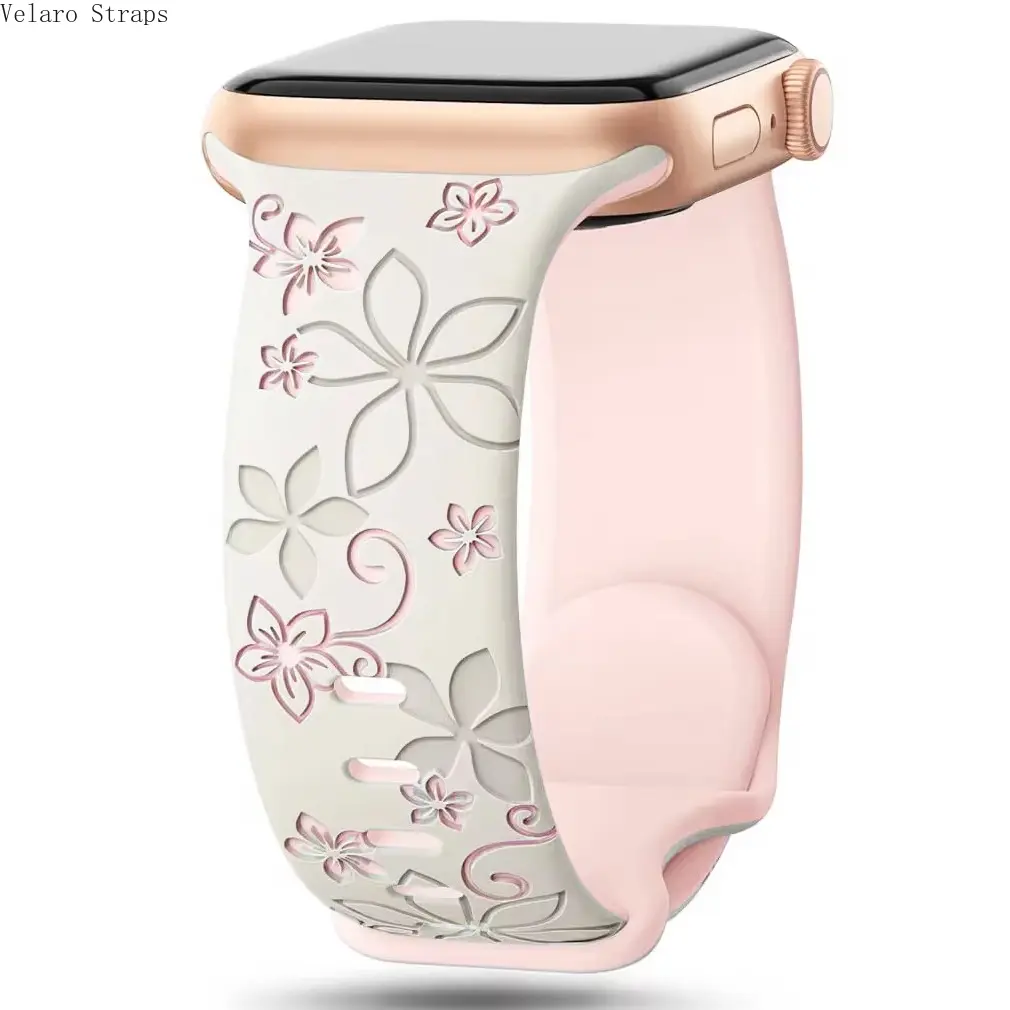 Two-Tone Cherry Blossom Engraved Silicone Watch Band, Soft Flower Sport Strap, Women Daily Cute Wrist Accessory Multi Colors