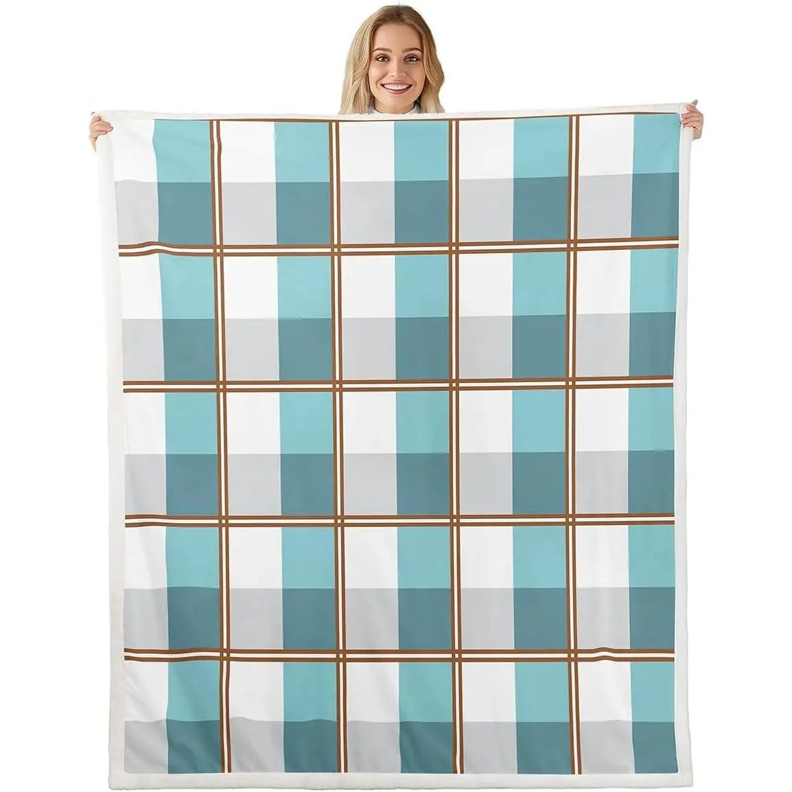 Checkered Sherpa Throw Blanket for Couch Teal White Plaid Super Soft Cozy Fleece Geometric Blanket for Winter,Plush Throw Luxury Throw All Season