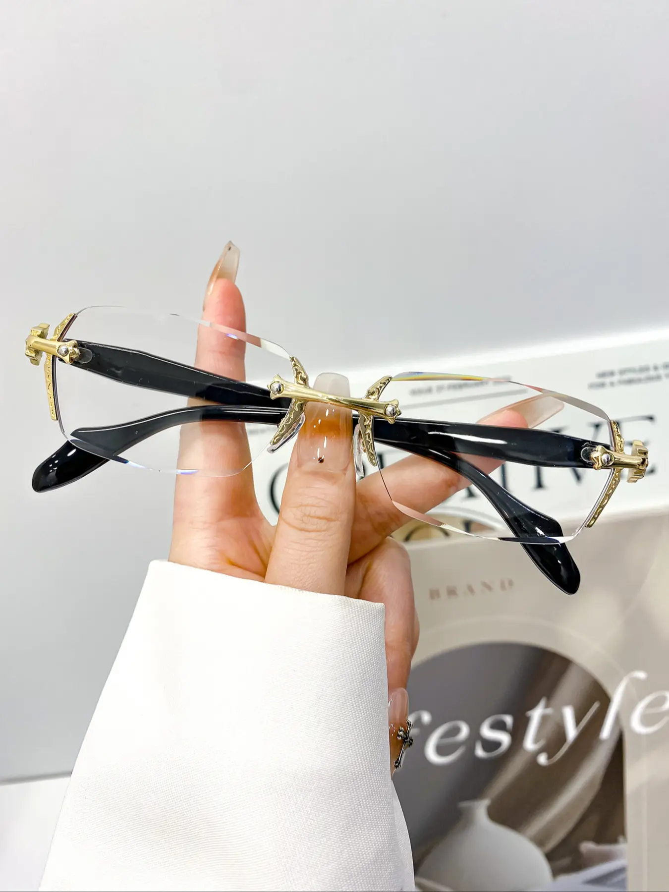 Fashion Y2K Frameless Square Eyed Glasses, High-Quality Temple Decorations, Simple Versatile Daily Casual Wear, Unisex Eyewear, Fashion Eyeglasses