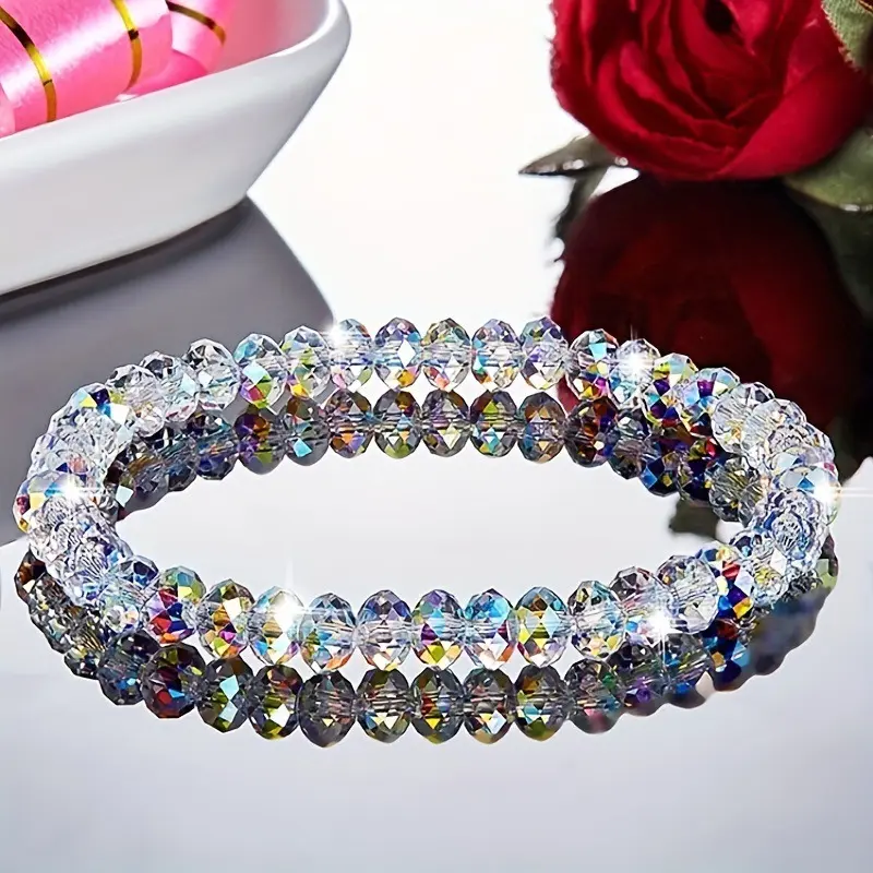 Women's Multicolor Faceted Crystal Bead Stretch Bracelet - Sparkling Y2K Rainbow Glass Bangle, Trendy Aesthetic Jewelry Gift for Teen Girls