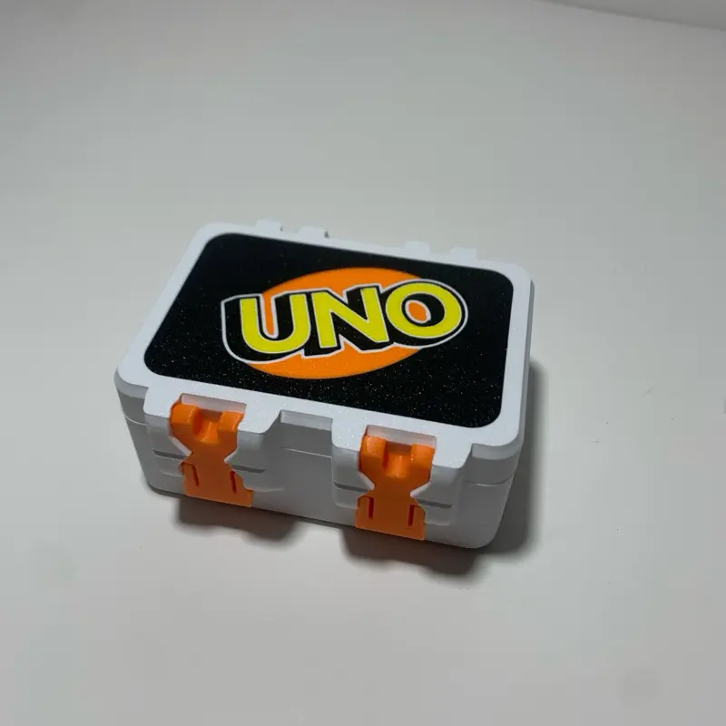 UNO Brand 3D Printed UNO Card Storage Box with Orange Handles and Classic Logo Design