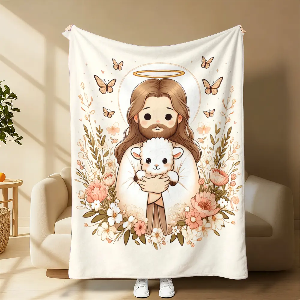 Chibi Art Jesus And Lamb Flannel Throw Blanket, Angelic Christian Faith Blanket With Beautiful Butterflies Print, Soft Microfiber Warm Cozy Blanket, Faith Symbol Home Decor, Lightweight Comfortable Blanket Perfect For Summer Vibes & Religious Gift summerw