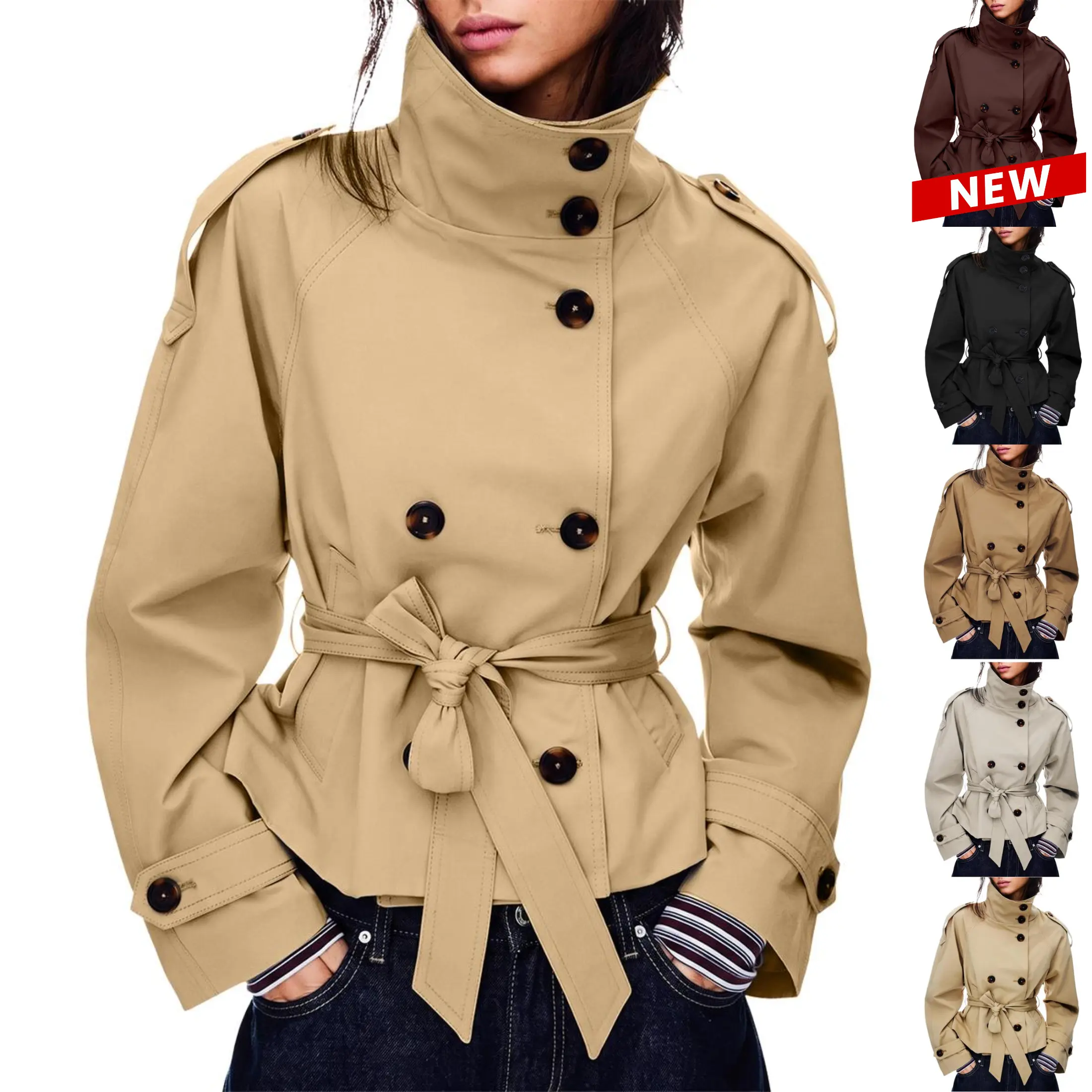 JovenPara Women's Cropped Trench Coat Double Breasted Short Jacket High Collar Fall Winter Coats Trendy Outfit with Belt