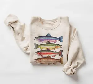 Abstract Colorful Trout In A Row Sweatshirt, River Fish Trout Species Outfit, Fly Fishing Gift, Boho Unisex Crewneck Sweatshirt