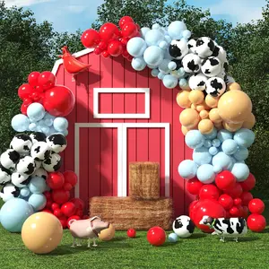 Cow balloons garland - 110 pcs | western cow print blue red & tan balloons with cow foil balloon for decoration | cowboy baby farm theme decor