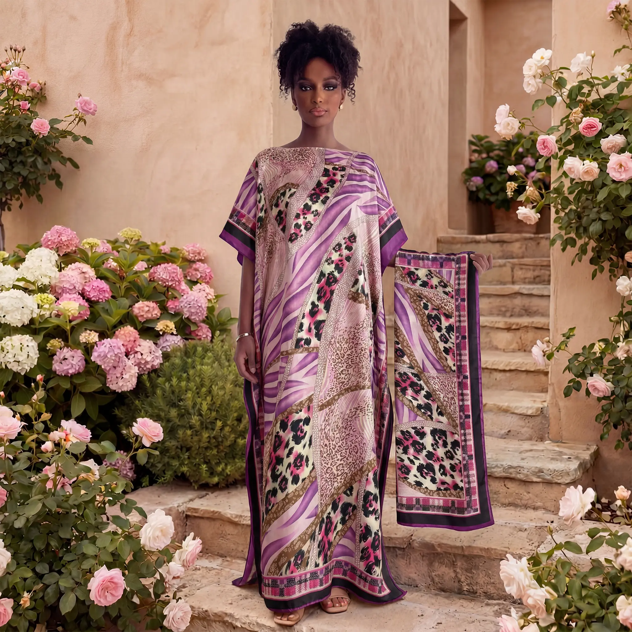 Chic Peacock Print Kaftan Set for Women with Matching Hijab, Modest Polyester Maxi Gown for Evening & Party, All Seasons Beach Cover-Up, Moo Moo Dress