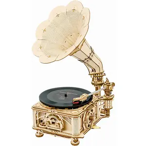 Robotime ROKR Vintage Hand Crank Gramophone - 1:1 Scale Wooden Model Kit - 424pcs Assembly Challenge - Authentic Music Player, LKB01 Classic Gramophone
