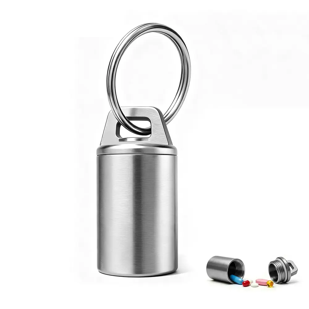 Small Titanium Waterproof Keychain Pill Holder, Portable Mini Pill Box with Keyring, Keychain Included, Ideal for Outdoor Travel and Camping