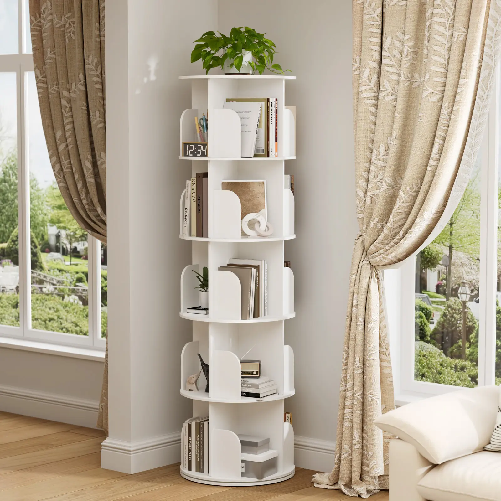 DUMOS 3/4/5-Tier Rotating Bookshelf, 360° Spinning Bookcase Storage Organizer Tower, Space Saving Corner Display Rack with Safety Guard for Books, Toys & Plants, Waterproof PVC Book Shelf for Living Room, Bedroom