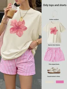 Women's Apricot Hibiscus Print T-Shirt | Y2K Sweet-Style Summer Top, Relaxed Fit, Viral TikTok Fashion, Coquette Aesthetic; Suitable for Casual Wear, Streetwear, Loungewear, and Vacation.