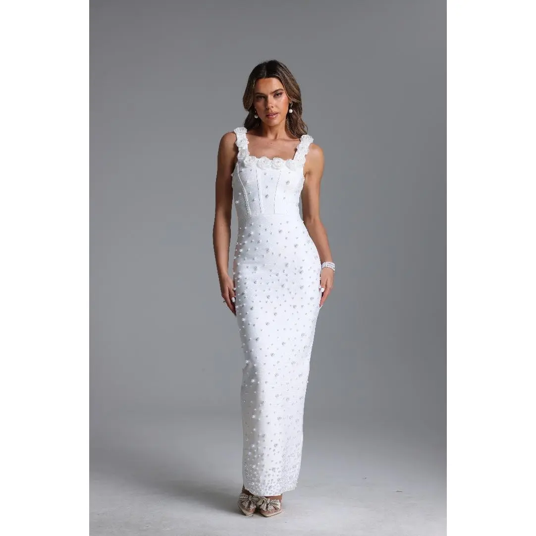 Women's BellaBarnett Sleeveless Shea Elegant Contoured Fit Square Neck Floral Pearls Bandaged Casual Maxi Dress