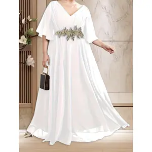 Plus Size Floral Ruched Bridesmaid Dress, Elegant V-Neck Short Sleeve Wedding Dress for Women
