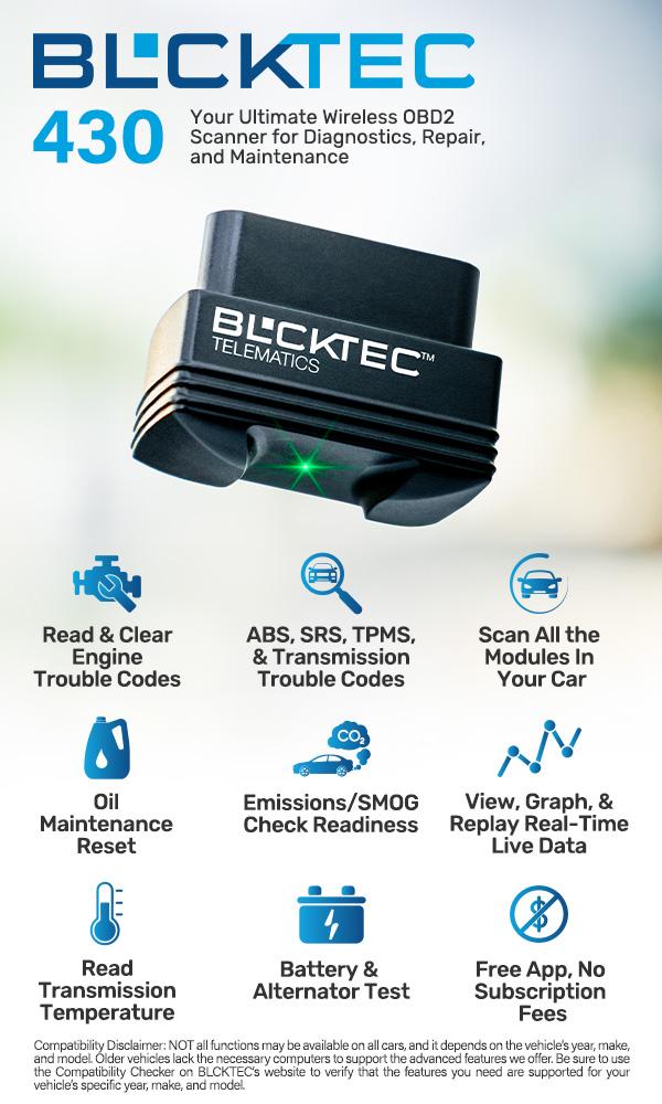 BLCKTEC 430 Bluetooth OBD2 Scanner, No Subscription Fee, OBDII Car Code Reader Diagnostic Tool, Diagnose Check Engine, ABS, SRS, TPMS & More, Live Data, Full System Scan, Supports USA/Canada Vehicles 1996+ BLCKTEC 430 Bluetooth OBD2 Scanner, No Subscription Fee, OBDII Car Code Reader Diagnostic Tool, Diagnose Check Engine, ABS, SRS, TPMS & More, Live Data, Full System Scan, Supports USA/Canada Vehicles 1996+