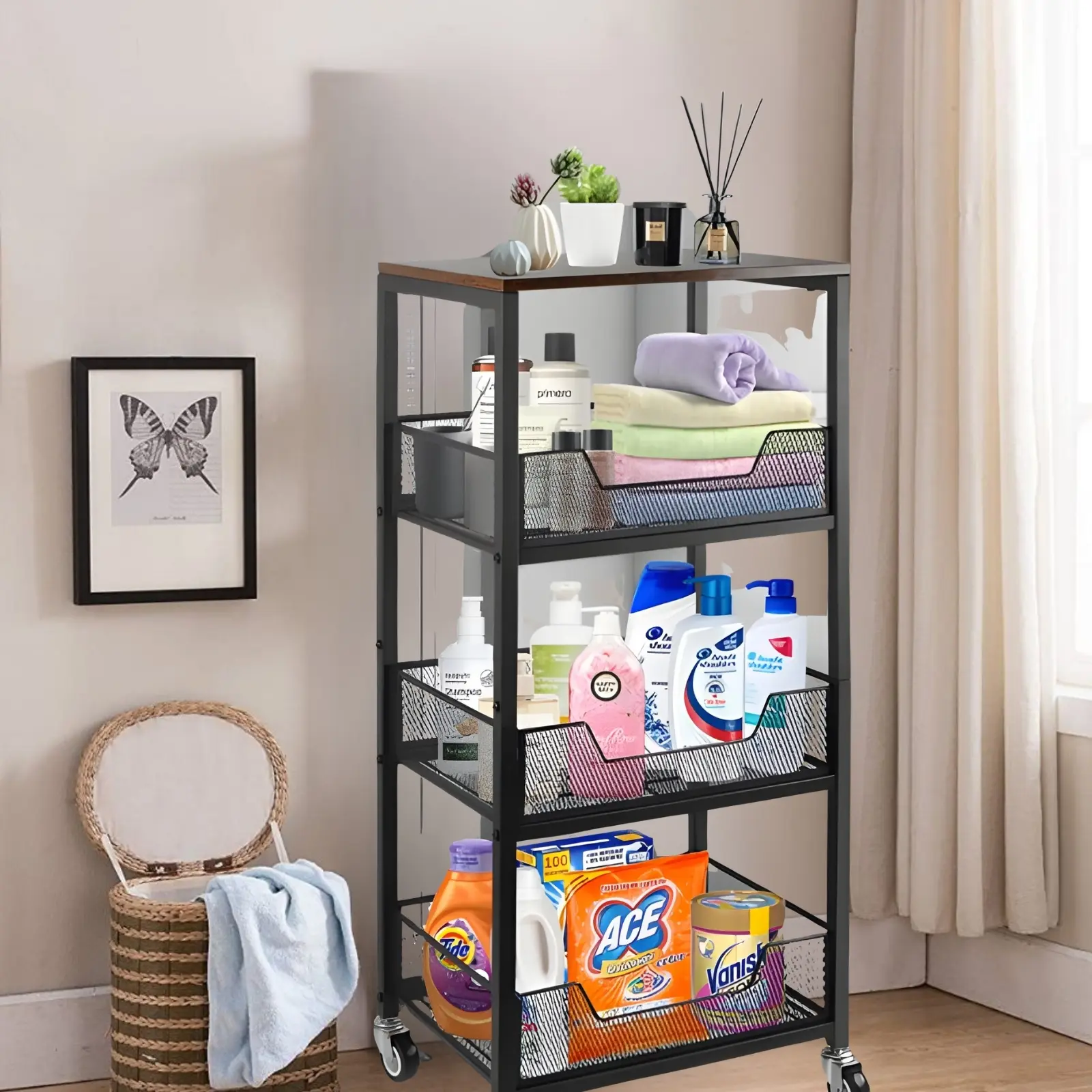 Rolling Fruit Vegetable Basket Stand for Kitchen 4-Tier Storage Cart on Wheels with Wood Top Metal Utility Organizer Trolley Cart for Pantry, Office, Bathroom