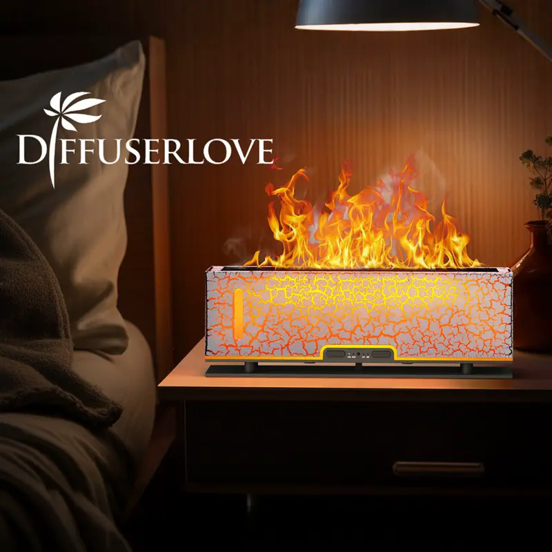200ml Polypropylene Desktop Aromatherapy Diffuser Humidifier - Crackle Pattern, Realistic Flame Colors, Touchable Flame, Essential Oil Compatible, Compact 9.8in Fits Desks & Shelves, Low-Noise Mist Keeps Sleep Serene, for Home, Air Conditioned Rooms