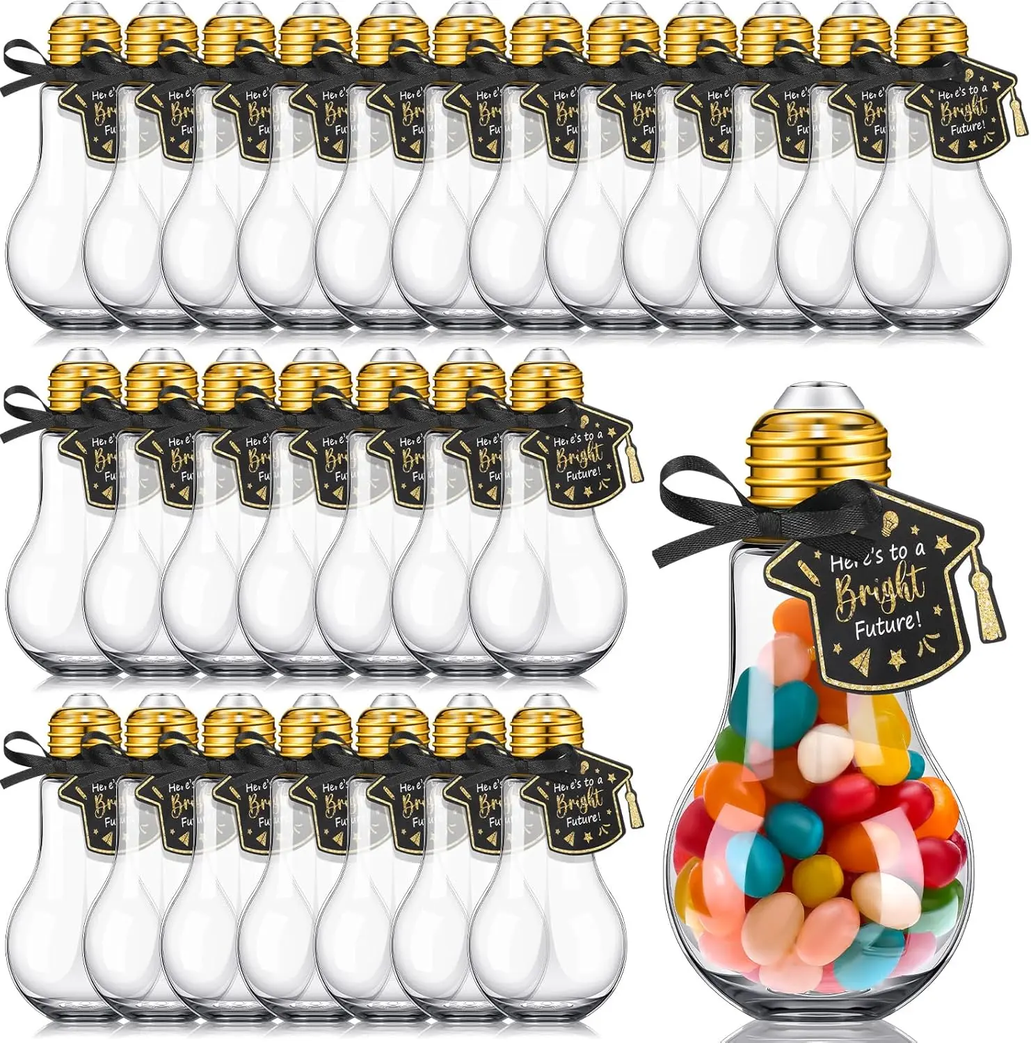 36/48 Pcs Pre-Packed Party Gifts Plastic Light Bulb Jars - Black Ribbon with Colorful Tag, 100ml Cute Mason Jars (Gold or Silver, Multiple Options) for Illumination Station, Classroom Gifts, Candy Table Decorations, Black Ribbon Set