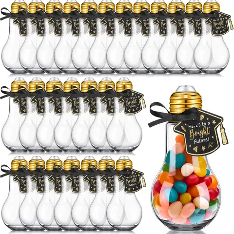 36/48 Pcs Pre-Packed Party Gifts Plastic Light Bulb Jars - Black Ribbon with Colorful Tag, 100ml Cute Mason Jars (Gold or Silver, Multiple Options) for Illumination Station, Classroom Gifts, Candy Table Decorations, Black Ribbon Set
