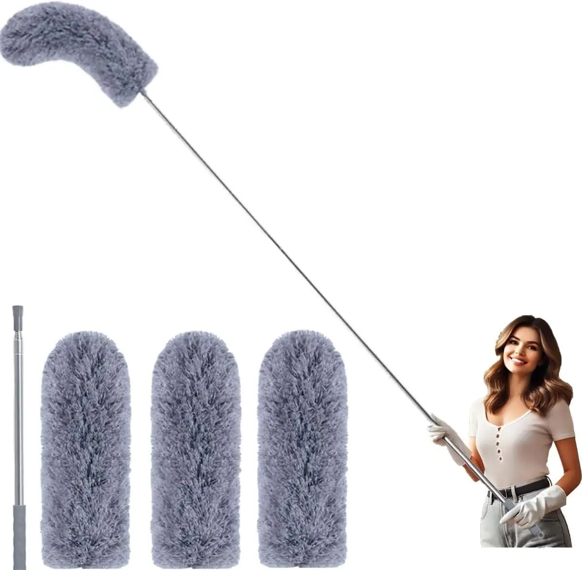 Microfiber Feather Duster with 100 inches Extension Pole, Dusters for Cleaning High Ceiling, Fan, Blinds, Furniture, Dark Grey
