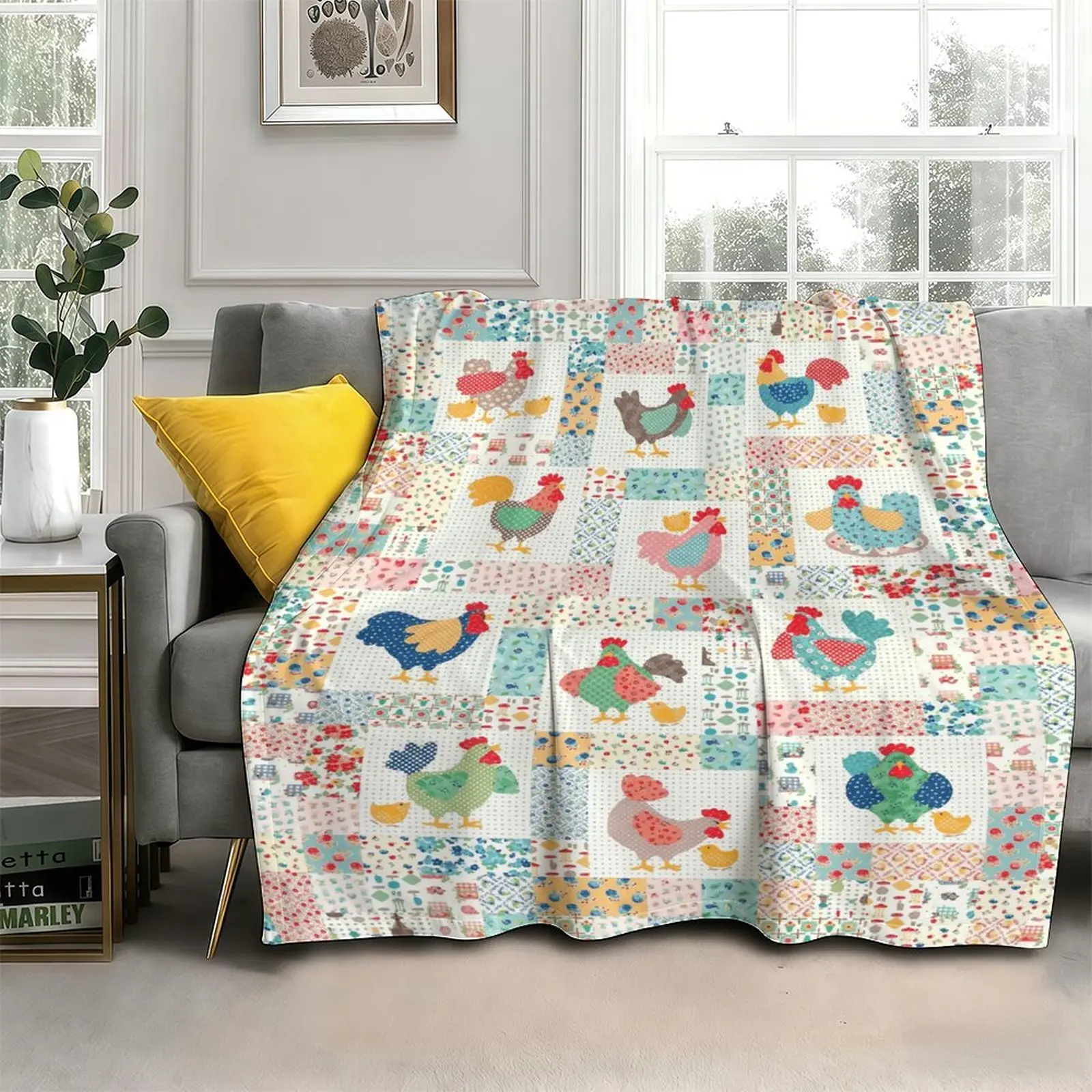 Retro Farm Chicken Flannel Blanket - Cute Rooster Quilt Block Pattern, Farmhouse Shabby Chic, Flower Print, Cozy Gift for Girls, Vintage Country Aesthetic, Farmhouse Shabby Chic Blankets, Flower Print Blankets