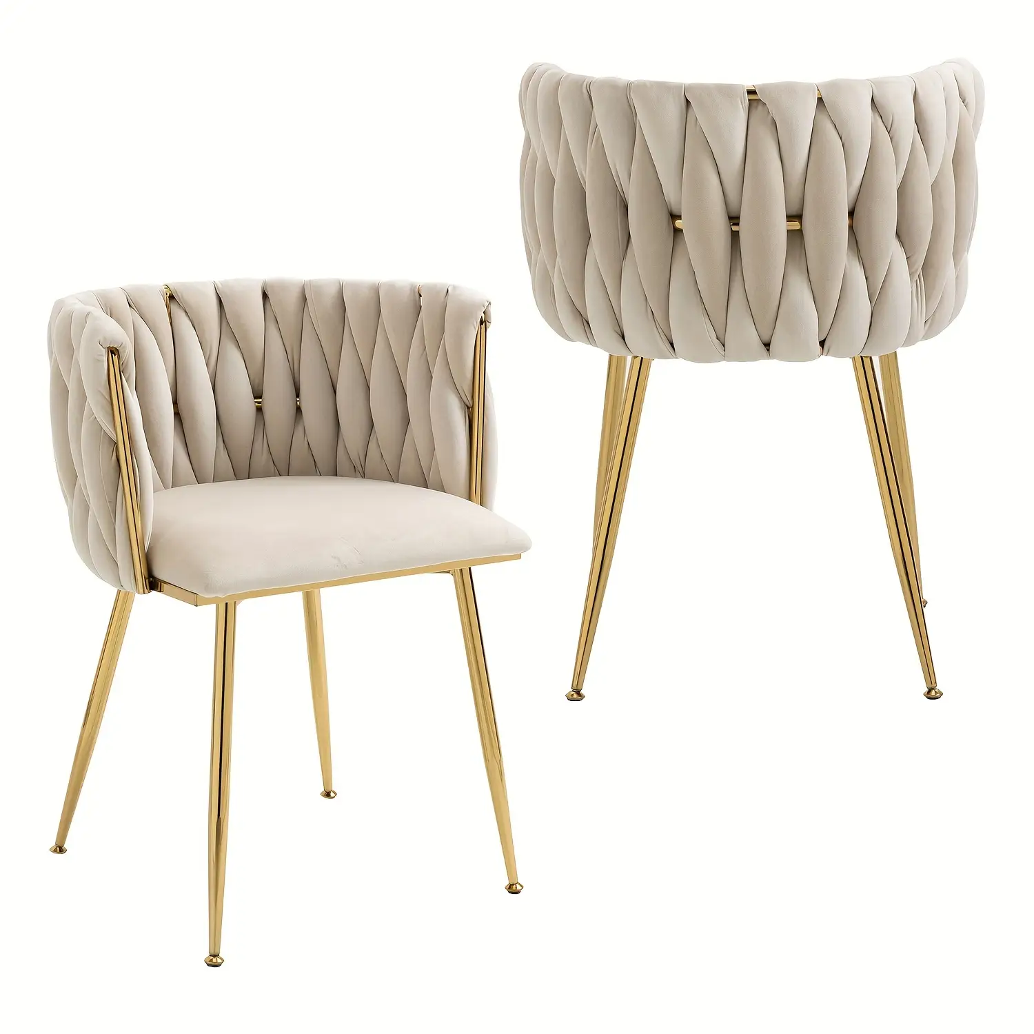 Velvet Dining Chairs Set of 2, Woven Upholstered Dining Chairs with Gold Metal Legs, Modern Accent Chairs for Living Room, Dining Room, Kitchen