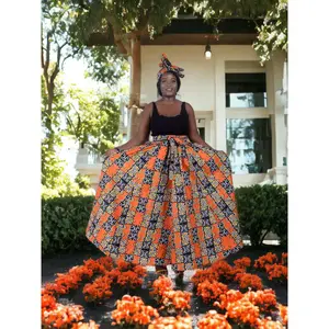 African Print Full Skirt with Coordinating Head Wrap and FaceMask (Orange Black Squared)