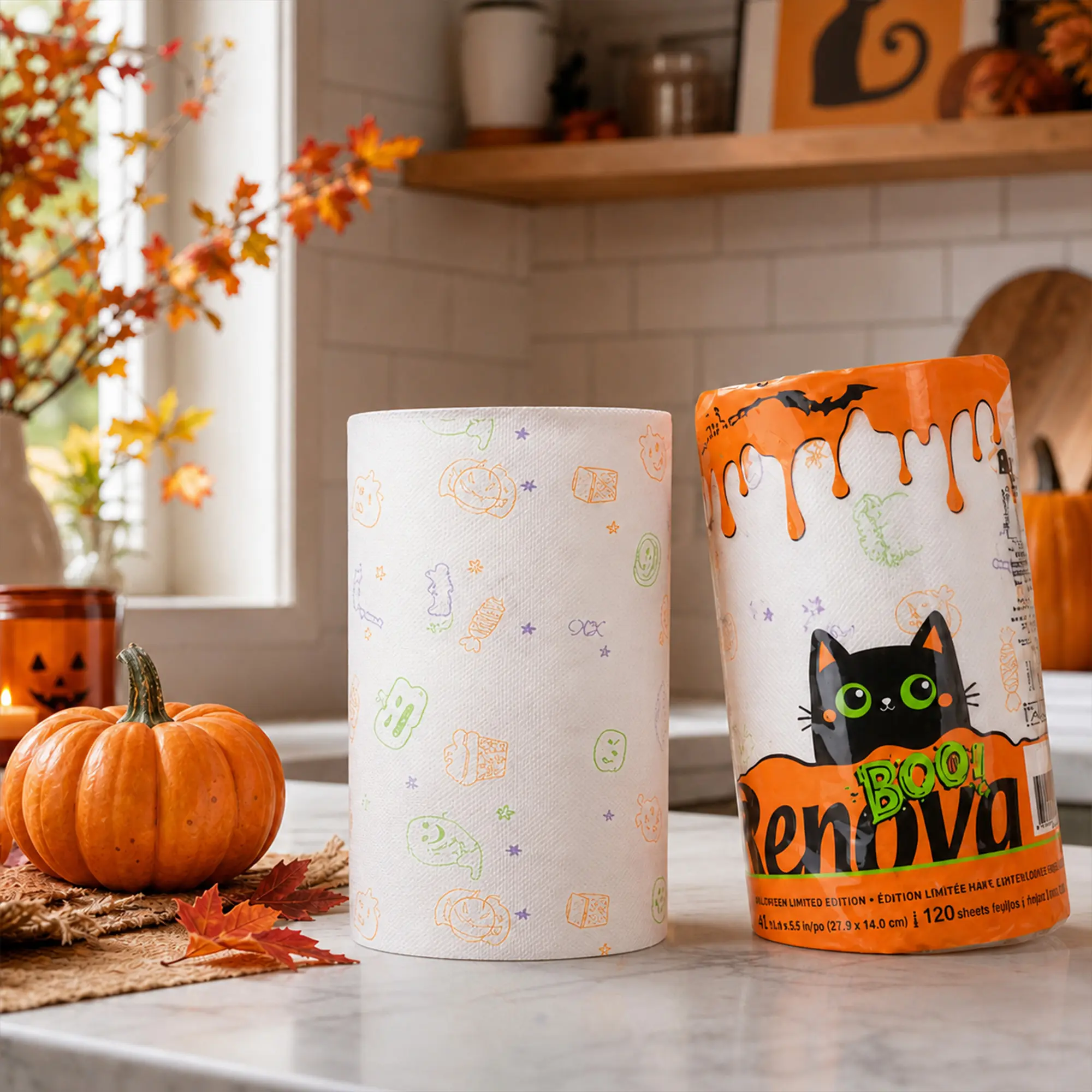 Renova Halloween Festive Eco-Friendly Kitchen Paper Towel, 1 Jumbo Roll, 2-Ply, 120 Sheets, 11" x 9", Exclusive Decorative Pattern, FSC Certified Kitchen Wipe