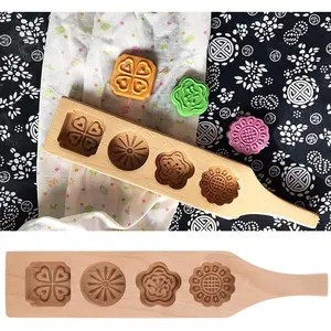 Wooden Mooncake Mold Set, Vintage Handmade Beechwood Cookie Butter Press Molds with 4 Floral Designs Reusable Baking Stamps for Mooncakes, Cookies, Desserts, Pastry – Unique Gift for Bakers