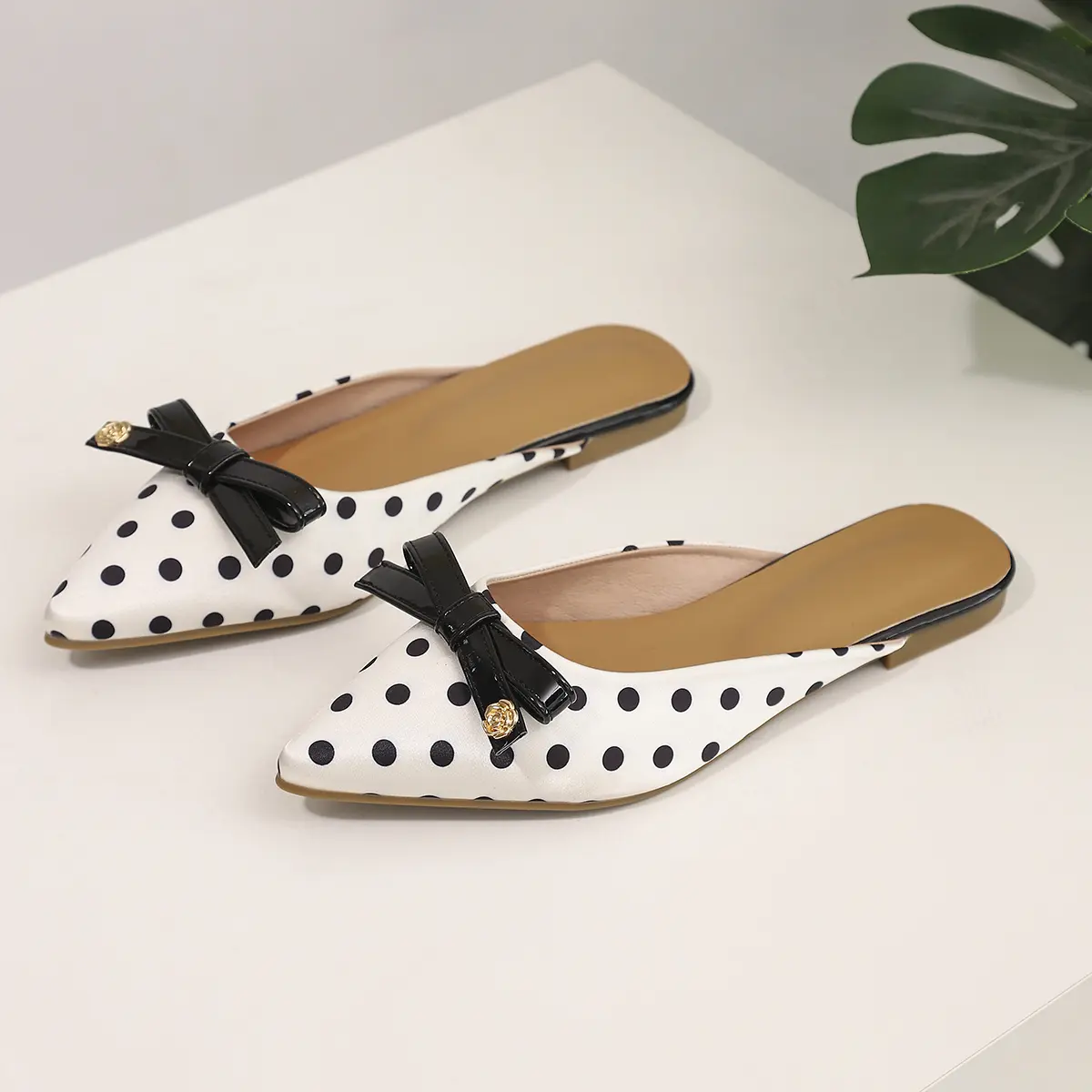 Women's Polka Dot Satin Mules with Bow Tie Detail - Stylish & Comfortable Slip On Half Slippers for Everyday Office Wear, Shoe