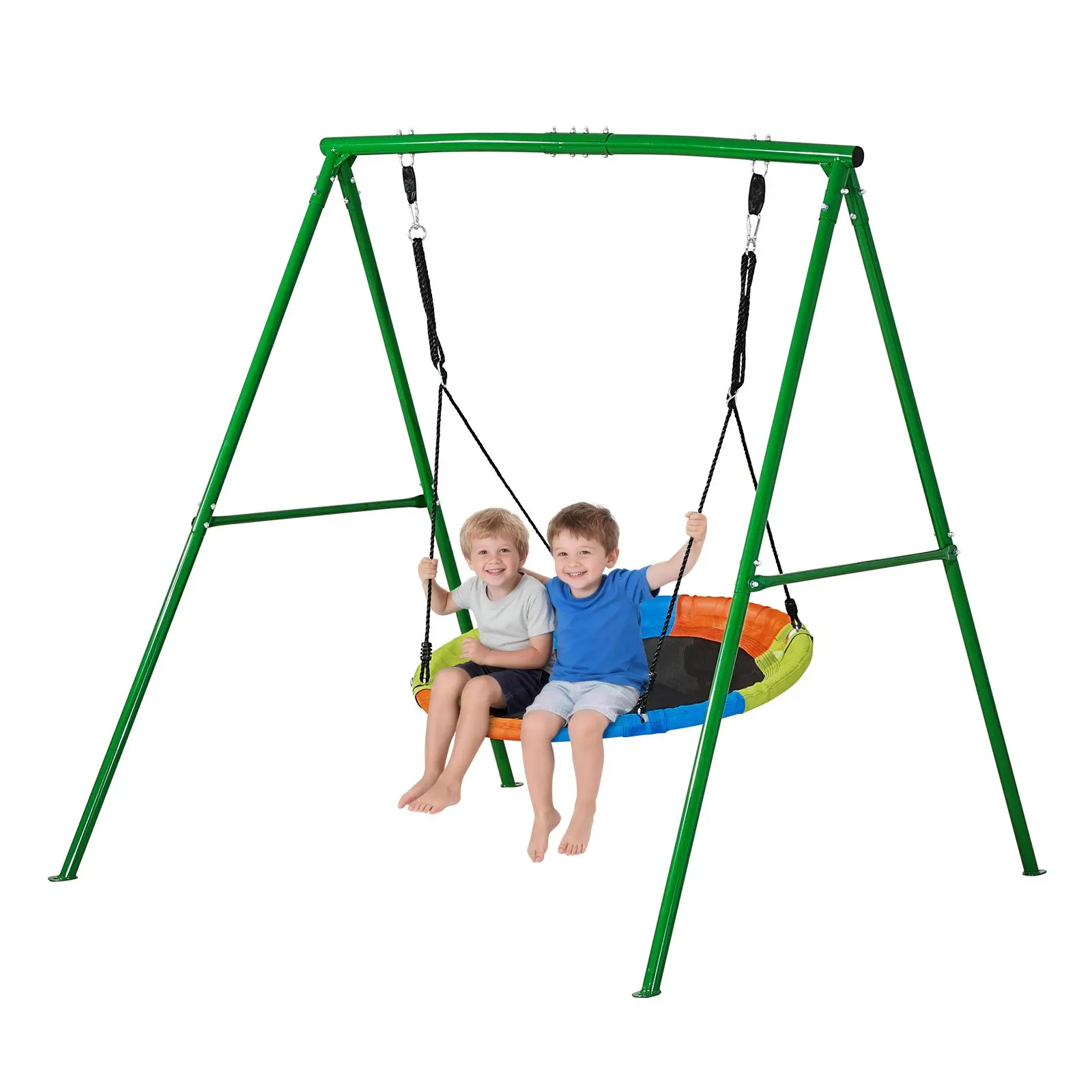 【FathersDayGift】 VEVOR Backyard Steel Swing Set, 40 in Durable Saucer Swing Seat, Heavy Duty Adjustable A-Frame Metal Stand,440 lbs Load Capacity, Reinforced with Spiral Ground Anchors, Outdoor for Kids,Green & Colorful Playground Set Playground Equipment