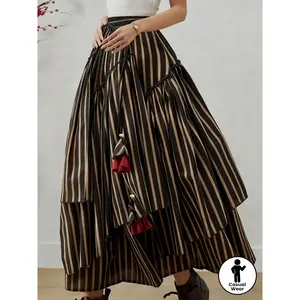 Striped print skirt with bell-shaped pendants, loose fit, multiple ruffle panels, elastic waist, suitable for everyday casual wear, elegant women's skirt