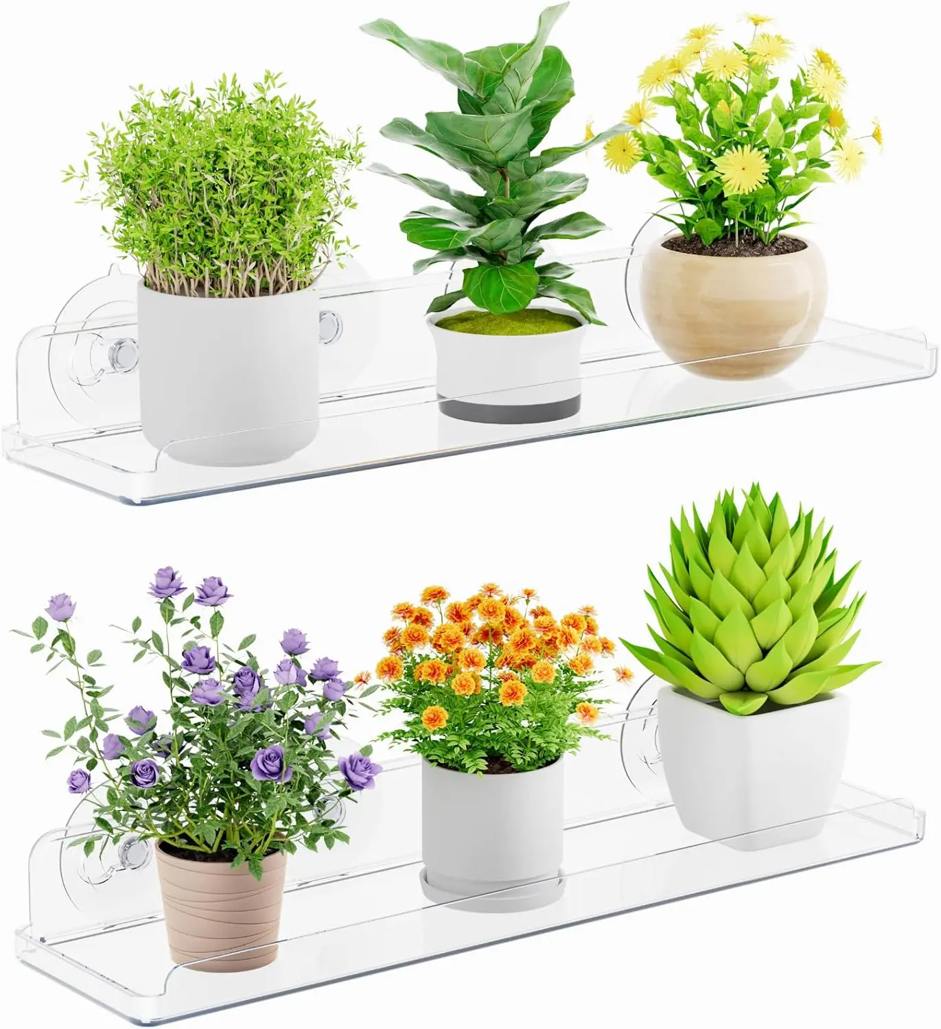 Window  Floating Shelves 15 x 4 inch, 2 Pack  Suction Cup Shelf, Window Sill Extender for Indoor Succulent ,  Greens, Seed Starter Pots,  Planters