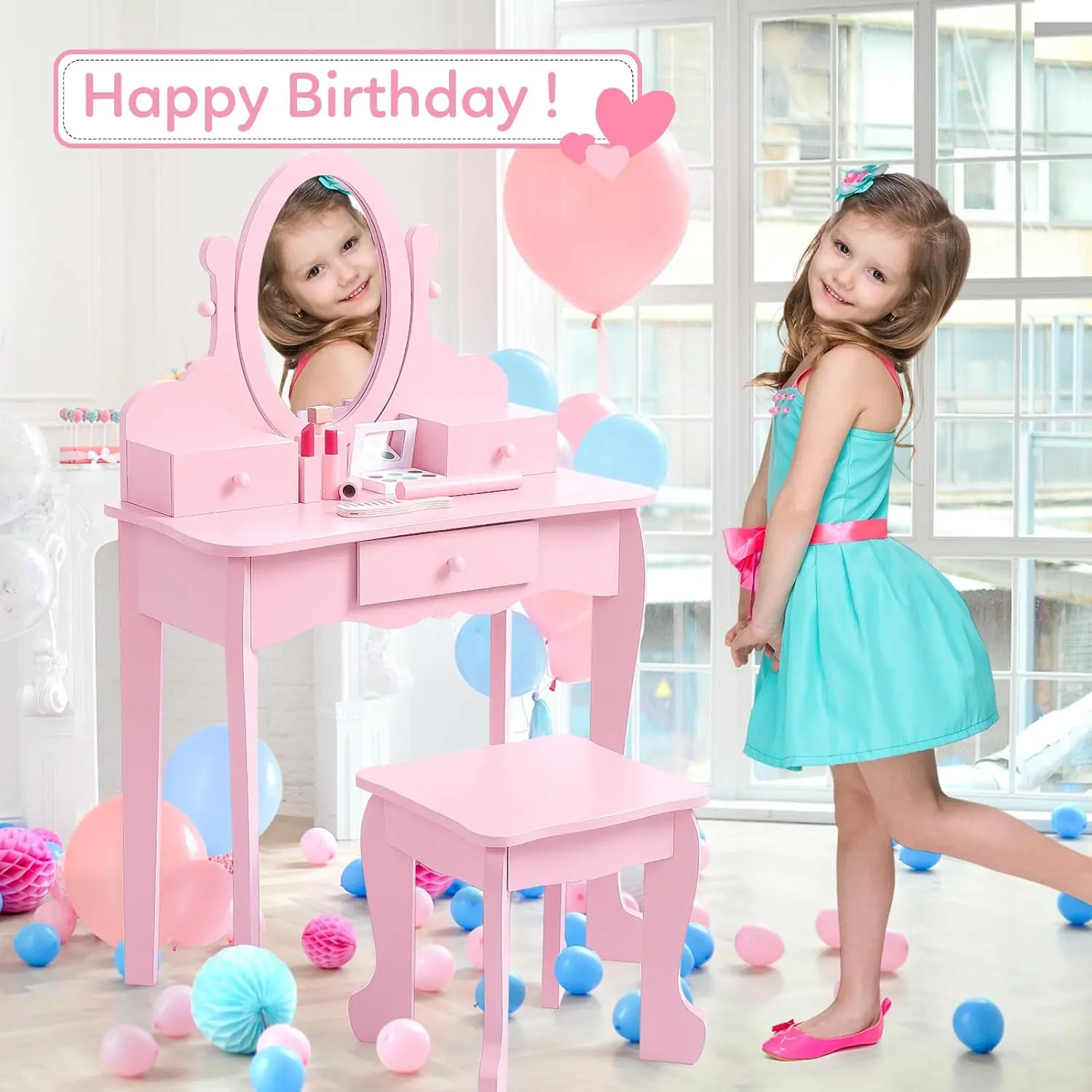 Pink Girls' Vanity Desk Furniture - Wooden Makeup Table with Mirror, Includes 1-Seat Stool, Mock Makeup Toy for Indoor Real Dress-up Area